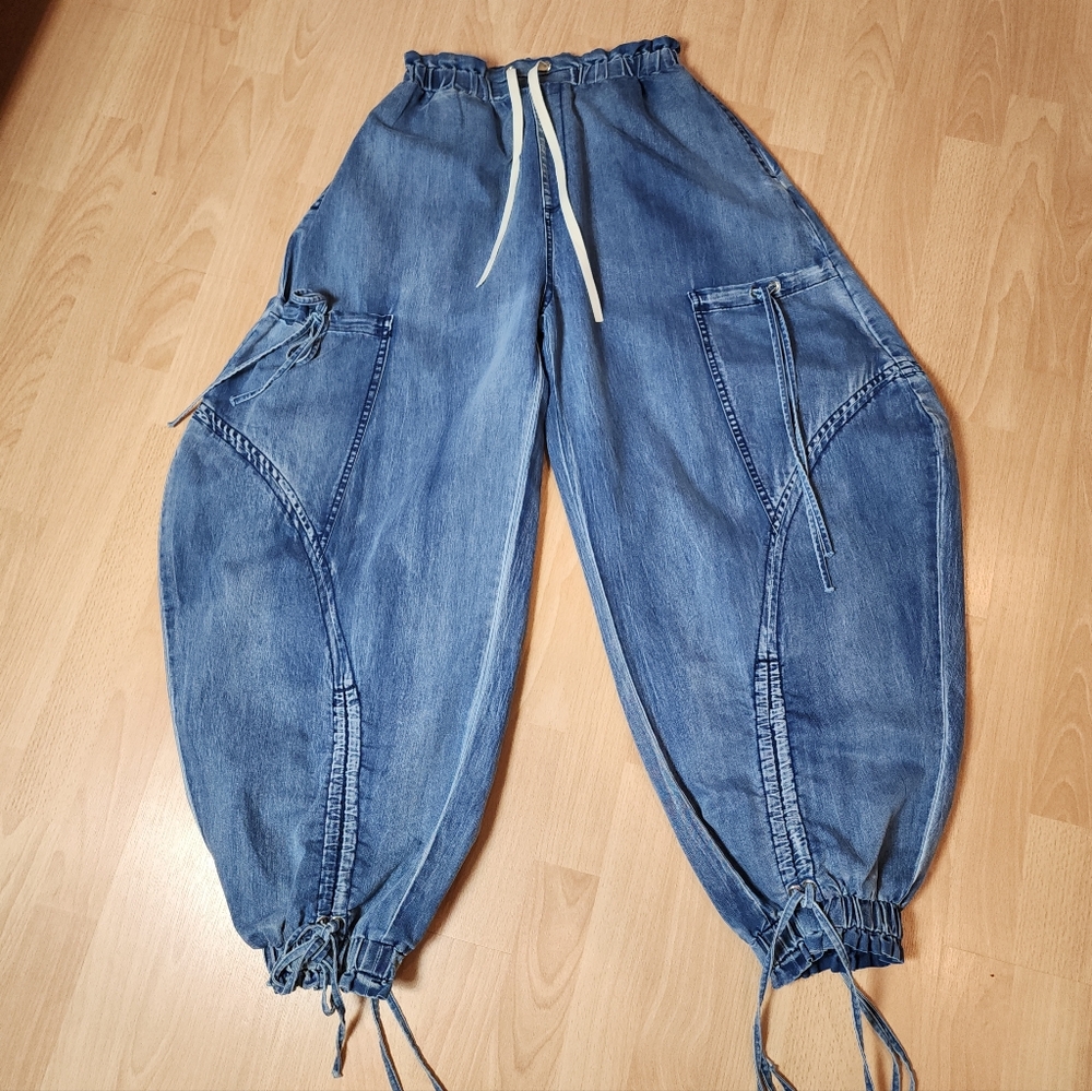 Athina Size Small Baggy Barrel Cocoon Drape Pull On Cargo Ruched Jeans Pants